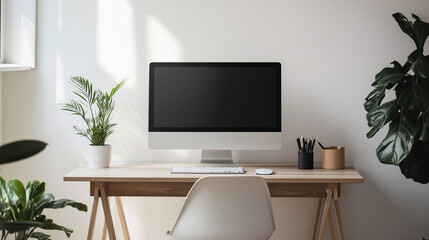Scandinavian-inspired minimalist desk setup with light wood furniture, a minimalist chair, and a single computer monitor. The focus is on space and natural textures
