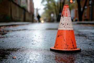 A Worn Traffic Cone Sits on a Wet Street