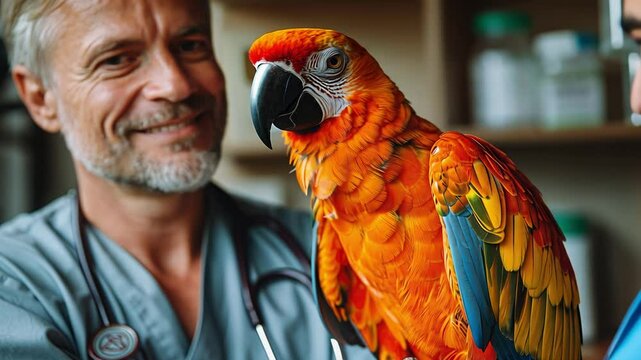 Veterinarian with vibrant parrot in clinic setting