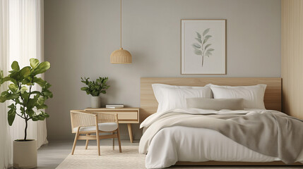 Fototapeta premium Scandinavian-style bedroom with a neutral color palette, wooden accents, and a single houseplant on the nightstand