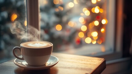 Fototapeta premium A steaming cup of cappuccino on the cafe table with blurred Christmas lights