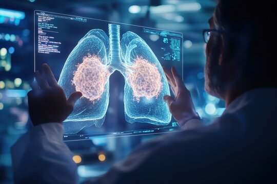 A scientist interacts with a digital display of lungs highlighting cancer cells.