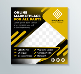 online marketplace for all parts social media post banner template design. the poster design with space for photo collage use yellow and white on element. square layout with black background.