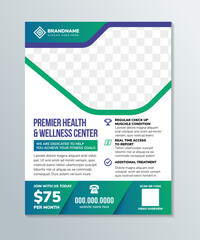Minimalistic spa and healthcare design brochure. premier health and wellness center creative flyer template. vertical layout with purple green gradient colors on element with photo space.