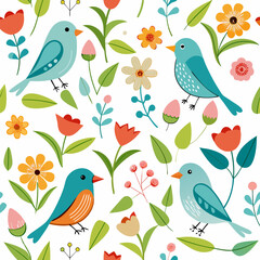 Aesthetic Birds and Floral Whimsy Vector Pattern &ndash; Bright, Cheerful Nature Illustration