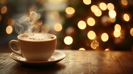 A steaming cup of cappuccino on the table with blurred Christmas tree lights