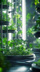 A state-of-the-art hydroponic farm with multiple levels of shelves meticulously arranged to optimize plant growth.