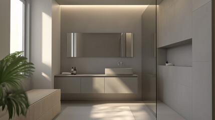 Simple bathroom with light gray walls, minimalist cabinetry, and a frameless mirror. Clean design with a focus on space and elegance
