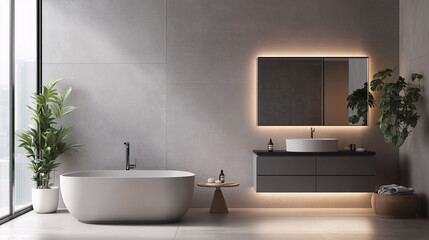 Simple bathroom with light gray walls, minimalist cabinetry, and a frameless mirror. Clean design with a focus on space and elegance