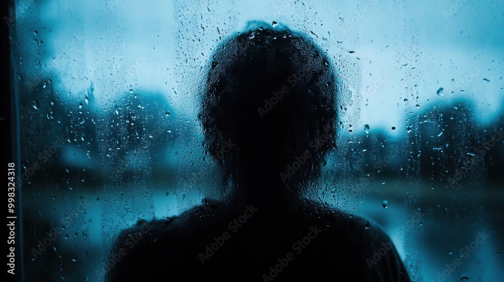 Poster a person stands quietly at a window, their silhouette blurred by raindrops, reflecting a mood of int
