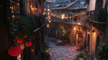 Obraz premium A Narrow Cobblestone Street in a European Town at Night
