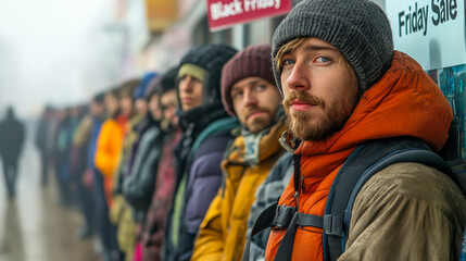 Fototapeta premium Diverse Shoppers Queueing for Black Friday Sale in Urban Setting