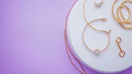 Elegant gold jewelry arranged on a minimalist white plate against a soft purple background, perfect for fashion and accessory themes.