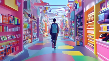 A whimsical 3D illustration of a customer exploring a vibrant digital shopping mall filled with diverse products 