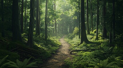 A path through a lush green forest, dappled sunlight filtering through the canopy.