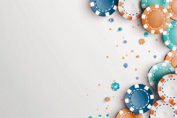 Elegant Casino Chips and Diamonds on White Background - Luxury Gambling Concept