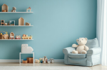 a child's room with pastel blue walls, featuring wooden shelves filled with colorful toys and plush animals on top, alongside an armchair in the same color scheme