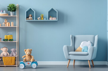 a child's room with pastel blue walls, featuring wooden shelves filled with colorful toys and plush animals on top, alongside an armchair in the same color scheme