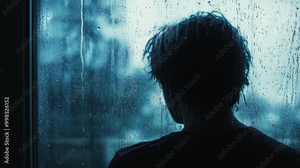 Poster the figure stands by a rain-drenched window, gazing thoughtfully into the grey outside, evoking a se