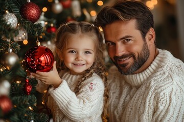 Portrait of a father and daughter decorating a Christmas tree. Christmas concept. Happy family decorating christmas tree