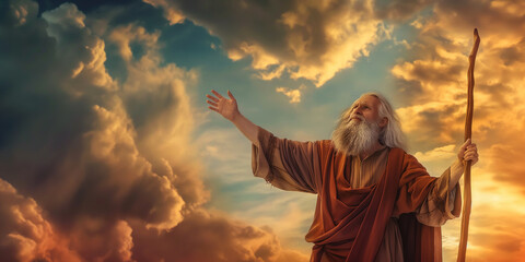 Obraz premium Illustration of Moses holding a wooden staff biblical scene concept