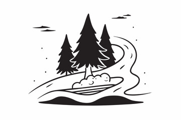 Obraz premium Serene Monochrome Landscape with Pine Trees and River