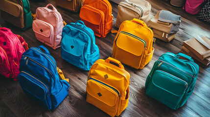 Desk with school supplies,ackpack and school supplies on wooden background