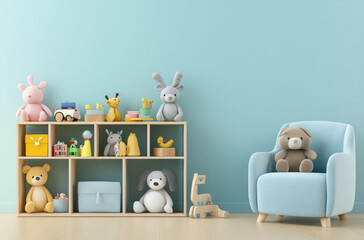 a child's room with pastel blue walls, featuring wooden shelves filled with colorful toys and plush animals on top, alongside an armchair in the same color scheme