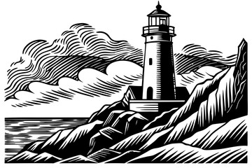Vintage Woodcut Style Lighthouse by Rocky Sea