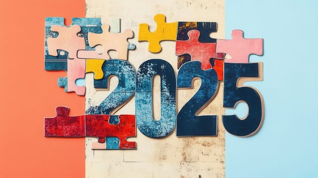 A colorful display of puzzle pieces arranged around the year "2025," symbolizing completion and new beginnings.