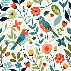 Aesthetic Birds and Floral Whimsy Vector Pattern &ndash; Bright, Cheerful Nature Illustration