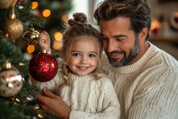 Portrait of a father and daughter decorating a Christmas tree. Christmas concept. Happy family decorating christmas tree