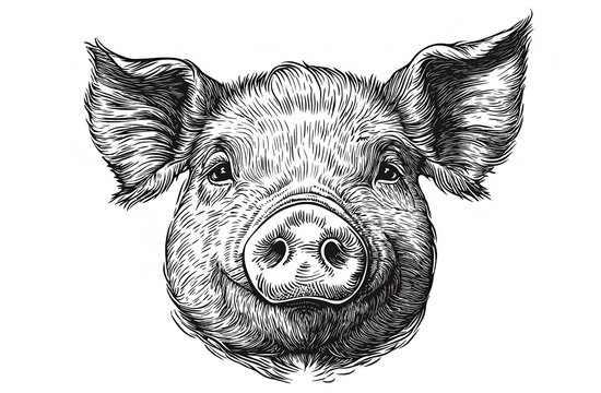 Pig, hog, boar. Vintage retro print, black white pig sketch ink pencil style drawing, linear drawing, engrave old school. Sketch artwork silhouette pig, hog, boar. Side view profile. Illustration