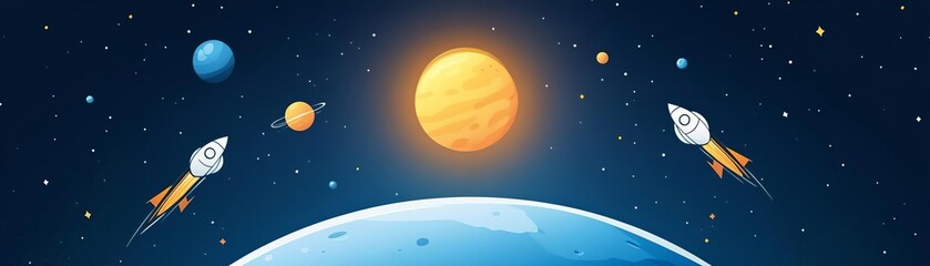 Naklejka premium Aliens landing on Earth flat design, top view, outer space theme, animation, Splitcomplementary color scheme