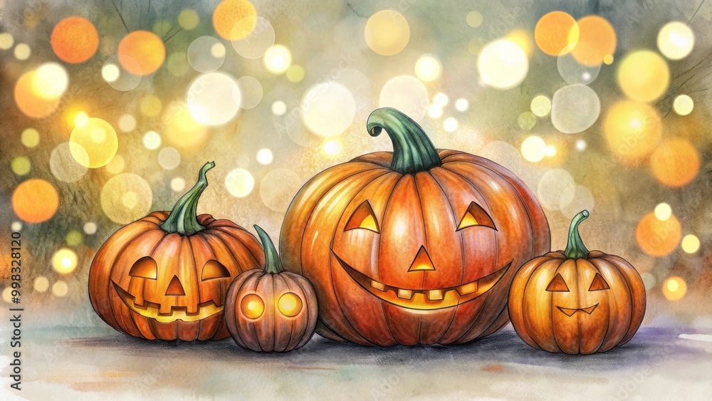 Wall mural halloween pumpkins with carved faces in a festive fall setting for halloween decorations and celebra