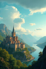 medieval fantasy city built over hills, view of the river and mountains