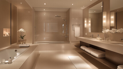 Spacious modern bathroom with large rectangular mirror, minimalist vanity, and soft lighting. A clean aesthetic with neutral tones