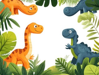 Naklejka premium Dinosaurs walking through a jungle flat design, top view, prehistoric world theme, cartoon drawing, Triadic Color Scheme