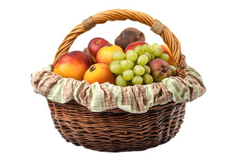 A woden basket full of fruit and cloth.
