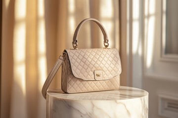 A stylish beige handbag displayed elegantly on a marble surface with soft lighting.
