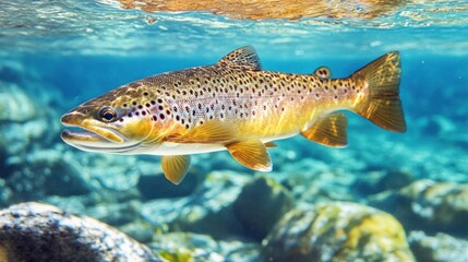 Fototapeta premium Brown Trout Swimming in a Clear River