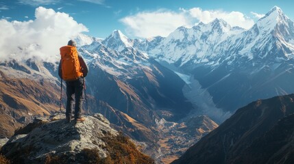 Fototapeta premium Hiker in orange backpack on a high rock, overlooking snow-capped mountains and deep valleys, highlighted by morning sunlight.