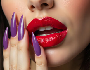 Naklejka premium A close-up of a woman's face with vibrant red lips and long, sharp purple nails