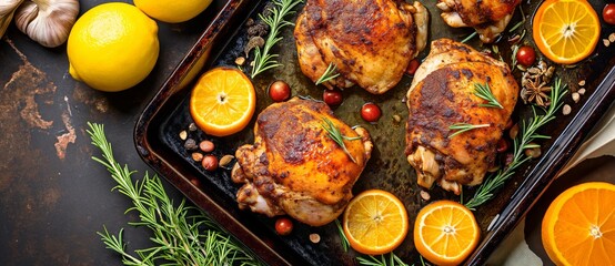 Crispy oven-roasted chicken thighs with lemon, orange, and rosemary.