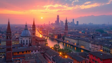 Obraz premium Breathtaking sunset over Verona’s skyline with river reflections and historic architecture at twilight. Generative AI