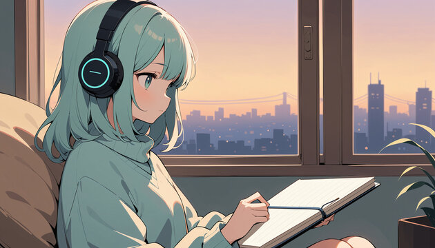 Lo-fi jeune fille &eacute;tudes r&eacute;visions anime manga universit&eacute; coll&egrave;ge lyc&eacute;e musique casque examen calme concentration.