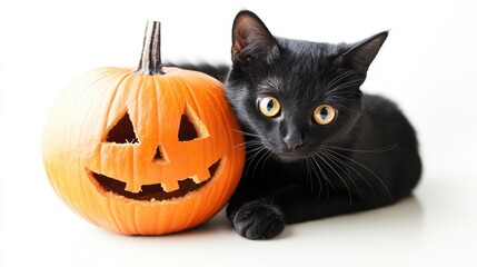 Halloween pumpkin and black cat on white background