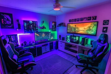 A futuristic gaming room bathed in neon purple and green lights, featuring a powerful gaming PC, consoles, and a large screen for gaming and movie watching. This stylish and fun space is enhanced