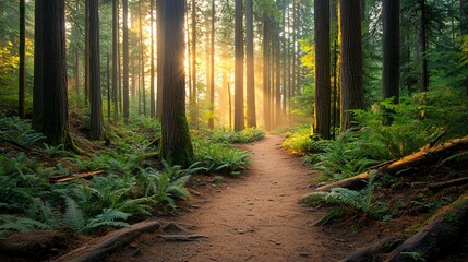 Obraz premium A path winds through a lush forest, sunlight streaming through the trees.