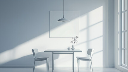 White minimalist dining room with a square table, two chairs, and a modern light fixture. Empty walls and soft light create an airy, open feel
